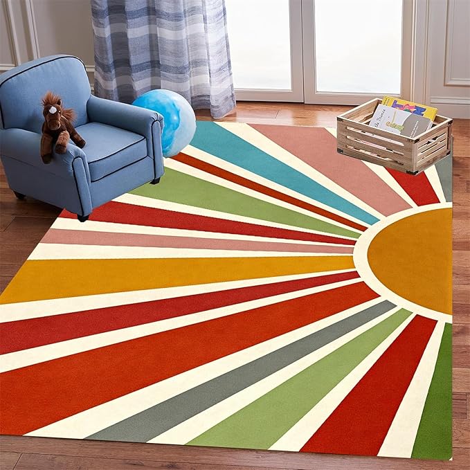 Rainbow Sun Area Rug,4x6ft,Medieval Vintage Geometric Rugs,Boho Style Bedroom Decor Rug Soft Machine Washable Carpet for Indoor Bedroom Living Room Office Decor