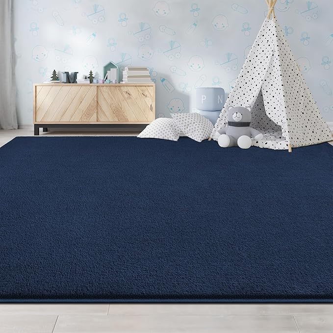 Large Area Rugs for Living Room Bedroom, 4x6 Feet Navy Blue Rug, Minimalist Modern Shag Rug, Soft Thick Memory Foam Indoor Carpet, Non-Slip Washable Rug for Boys Girls Dorm Nursery Room Home Decor