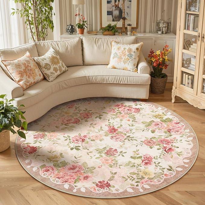 Lahome Floral Boho Round Rugs 6ft,Washable Round Rug for Dining Room Table,Circle Rugs for Living Room Large Round Carpet for Bedroom,Playroom,Nursery,Reading Corner