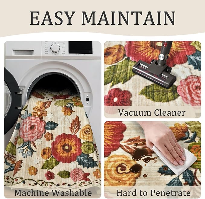 2'6''x8' Machine Washable Runner Rug, Kitchen Hallway Area Rug Beige Vintage Boho Floral Ultra Non-Slip Low Pile Soft Faux Wool Carpet, Kids and Pets Friendly for Bedroom Entryway Nursery Decor Rug