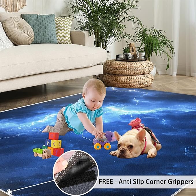 3x6 Dark Clouds Lightning Bedroom Rug Under Bed - Storm Kids Room Rugs, Natural Weather Bedroom Runner Rug Soft Washable for Living Room Kitchen