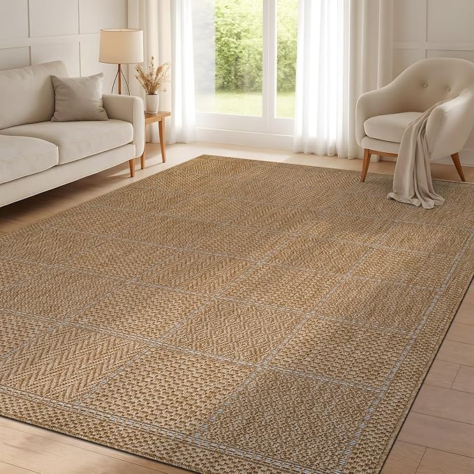 Beverly Rug Easy Jute Checkered Squared Rug 5x7 Washable Durable Indoor Outdoor Area Rugs for Living Dining Room Patio Office Stain Resistant Non Shedding Casual Indoor Outside Carpet 5 x 7 Natural