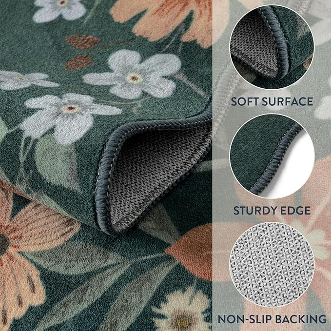 Lahome Floral Small Rug, 2x4 Kitchen Rugs Non Slip Washable Rug Ultra-Thin, Soft Front Door Mat Indoor Entrance Stain Resistant Boho Low-Pile Entry Carpet for Bathroom Bedroom(2x4ft,Dark Green)
