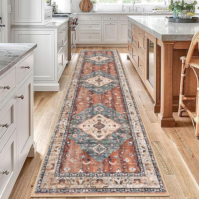 KOZYFLY Long Runners for Hallways 2.6x10 Ft Washable Kitchen Boho Runner Rug for Entryway Indoor Rust/Orange/Blue Printed Faux Wool Stair Runner Floor Carpet Runner for Stair Kitchen Hall