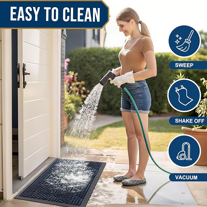 Kitinjoy Front Door Mat Outside Entrance, Sturdy Natural Dirt Trapper, Heavy Duty Rubber Doormat, Low Profile Non-Slip Backing, Easy Clean Floor Mat for Indoor Outdoor Entry, 47X23 Inch, Navy Blue