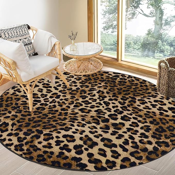 3ft Leopard Print Round Area Rug, Washable Non-Slip Ultra-Soft Low Pile Carpet, Non-Shedding Modern Circle Rug for Bedroom Entryway Kitchen Bathroom Office