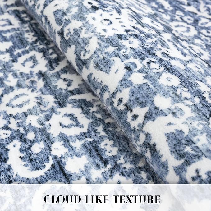 Vintage Floral 2.6x8 Runner Rug, Light Blue White Washable Kitchen Runner Rug Non-Slip Hallway Rug Runner Thin Printed Faux Wool Super Soft Carpet for Entryway Bedroom Laundry Room Indoor