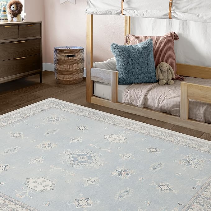RUGGABLE Washable Vintage Area Rug – Verena Soft Blue 6x9, Stain-Resistant, Non-Slip – Medium Machine Washable Rugs for Living Room, Bedroom, Hallway, Entryway & Office–with Standard Pad
