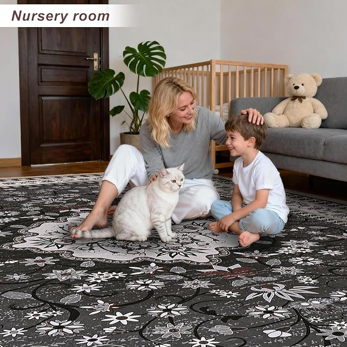 Luxury 5' x 7' Black Washable Area Rugs, Boho Low Pile Easy Clean Non-Slip Rug, Floral Medallion Pattern Vintage Rugs for Living Room, Dinning Room, Office, Bedroom, Bathroom, Laundry Room, Farmhouse