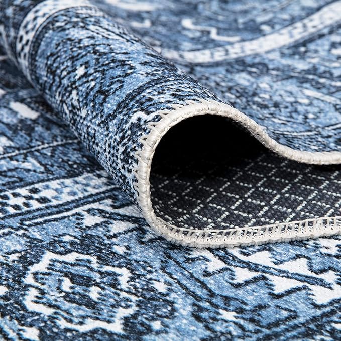 Bloom Rugs Washable Non-Slip 4' x 6' Rug - Blue Traditional Area Rug for Living Room, Bedroom, Dining Room, and Kitchen - Exact Size: 4' x 6'