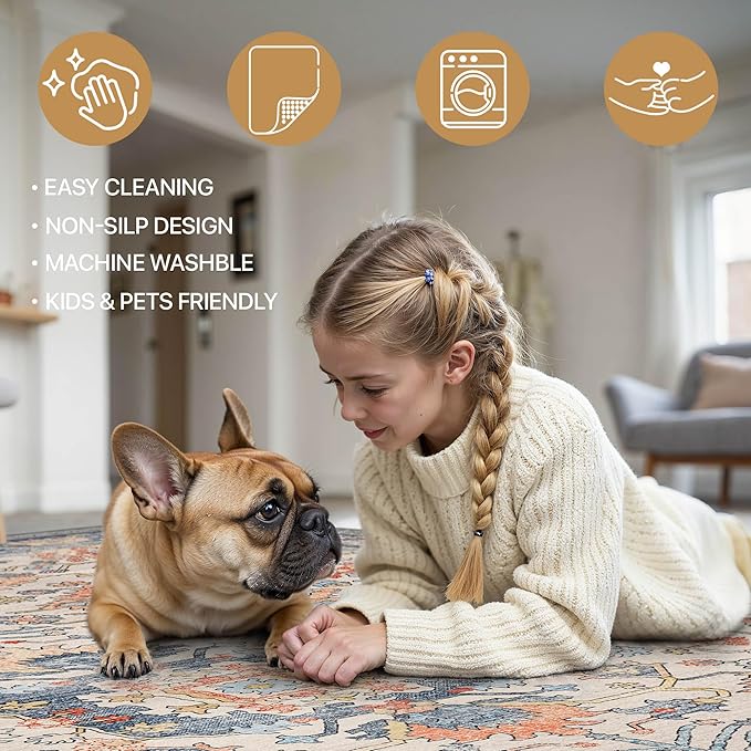 Bavni Washable Rug-6x9 Area Rugs for Bedroom Non-Slip, Ultra Thin Low Pile Living Room Rug, Modern Printed Decorative Rug for Dinning Room Office, Teal/Multi