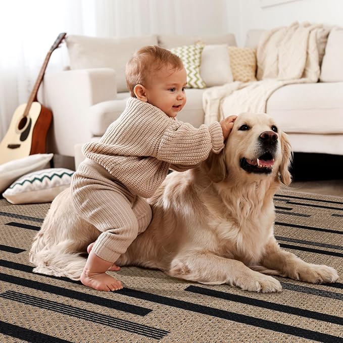 Tangsoo Washable Stripe Easy Jute Rug 4x6 for Paito,Non-Slip Indoor Outdoor Thin Carpet,Farmhouse Black Throw Mat for Front Porch Dining Room Bedroom Backyard Foyer