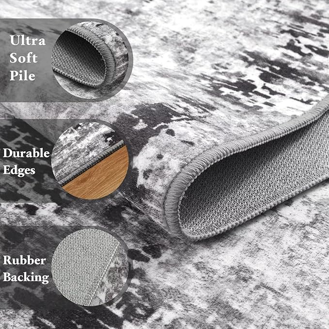 Washable Abstract Rug, 8x10 Modern Area Rugs with Non-Slip Rubber Backed for Living Room, Thin but Soft Contemporary Carpet Kitchen Bedroom Dining Room Decor, Dark Grey