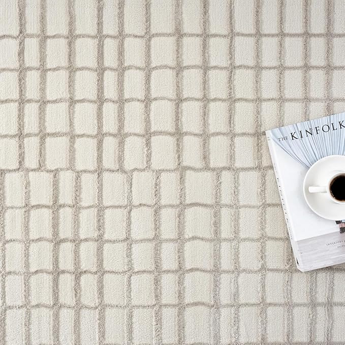 Abani Cream Grid Textured Area Rug - 8' x 10' - Chunky, Plush and Soft Washable Carpet - Perfect for Living Room & Bedroom - Plush Deco Collection