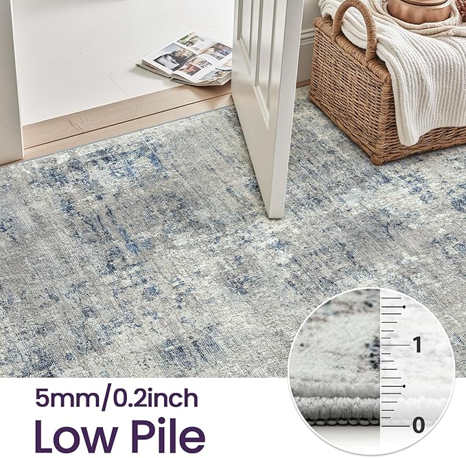 DEXI 9x12 Area Rug for Living Room, Modern Abstract Thin Washable Rug Indoor Floor, Non Slip Stain Resistant Low Pile Carpet for Dining Room Bedroom Office, Blue