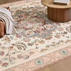 Phantoscope Washable Round Area Rug 6ft Non-Slip, Vintage Boho Rugs for Living Room, Bedroom, Dining Room, Persian Floral Medallion Pattern, Low-Pile Foldable Floor Carpet, Ivory Rose/Fall Bloom