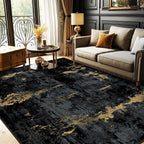 Washable Area Rugs 9'x12' Non-Slip Modern Abstract Soft for Living Room Entryway Bedroom Nursery, Print Pattern, Dark Black Gold