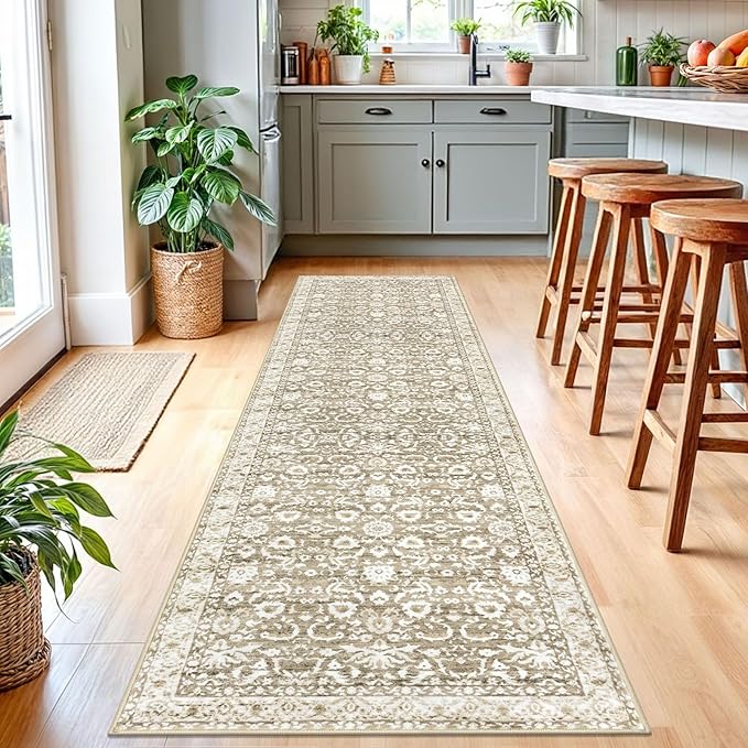 Runner Rug 2.6x10, Beige Tan White Washable Long Hallway Rug Runner Non-Slip Soft Kitchen Runner Thin Printed Faux Wool Super Soft Carpet for Entryway Bedroom Laundry Room Indoor Home Decor
