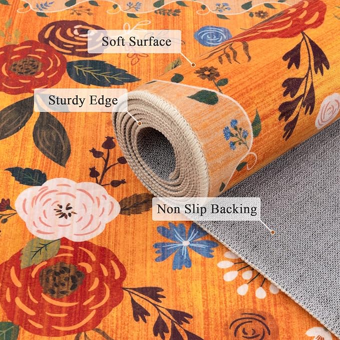 U'Artlines 5x7ft Fall Floral Area Rug, Machine Washable Ultra Soft Low Pile Non Slip Non Shedding Accent Floor Carpet for Living Room, Bedroom, Dining Room, Office (Orange)