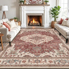 LUMI 4x6 Washable Area Rug for Living Room, Ultra Soft Traditional Vintage Red Rugs Non Slip with Rubber Backing, Low Profile, High Traffic, Stain Resistant Carpets, Ideal for Bedroom, Dining Room