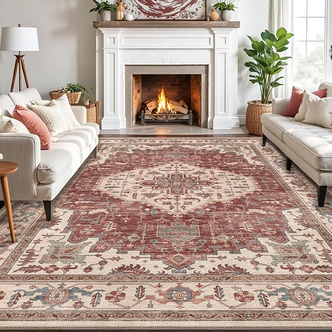 LUMI 5x8 Washable Area Rug for Living Room, Ultra Soft Traditional Vintage Red Rugs Non Slip with Rubber Backing, Low Profile, High Traffic, Stain Resistant Carpets, Ideal for Bedroom, Dining Room