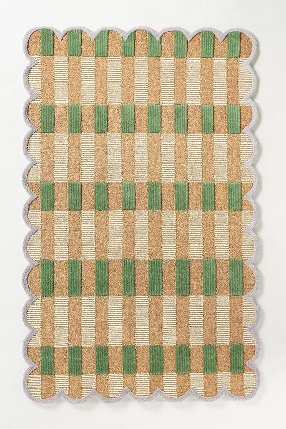 Hand-Tufted Wool Rug with Scalloped Edges, Light Blue Plaid Pattern, Cozy Soft Area Rug for Living Room, Bedroom, and Nursery, Handmade Modern Accent Rug (Green, 12X15 FEET)