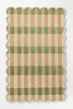 Hand-Tufted Wool Rug with Scalloped Edges, Light Blue Plaid Pattern, Cozy Soft Area Rug for Living Room, Bedroom, and Nursery, Handmade Modern Accent Rug (Green, 4X7 FEET)