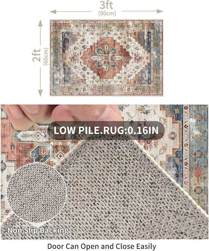 Enkor Area Soft Rugs 2x3 Washable Non Slip Boho Small Floor Entryway Rugs for Hallway, Vintage Style Farmhouse Mat for Kitchen Beige & Red