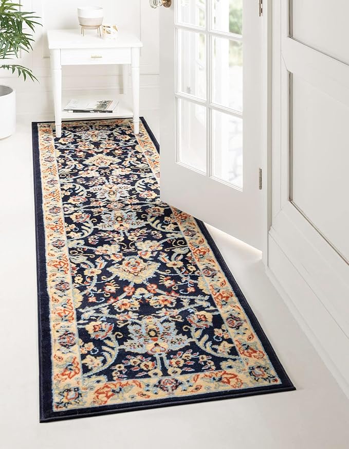 Rugs.com Yasmin Collection Rug – 8 Ft Runner Navy Blue Medium Rug Perfect for Hallways, Entryways