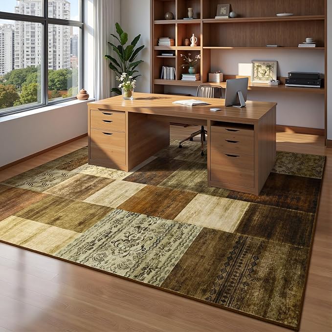 DweIke Large Modern Washable Area Rugs 8x10, Living Room Rug Non-Slip and Non-Shedding Large Rugs for Bedroom, Low Pile Indoor Rubber Backed Carpets for Dining Office Home Decor, Brown
