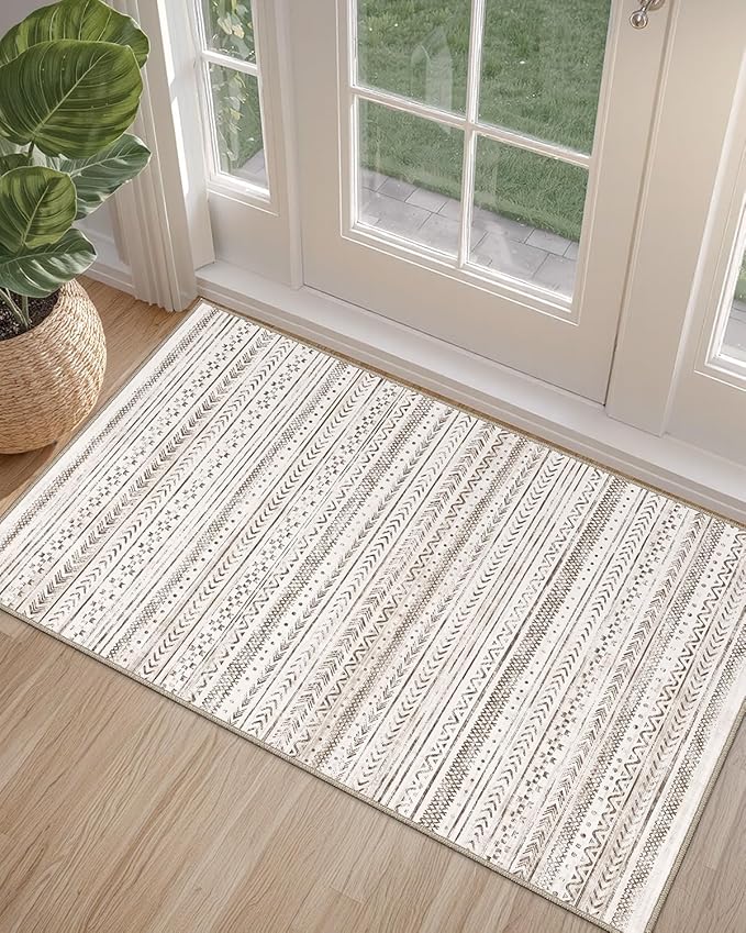 LUMI Ultra Thin Door Mat, 18x30 Non Slip Indoor Doormat Entrance Washable Rugs Entryway Oriental Vintage Soft Carpet for Kitchen Bedroom Front Door, White and Brown