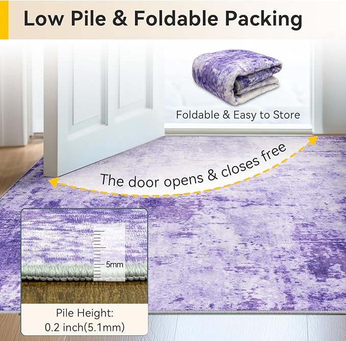 Washable Area Rugs 2'x8' Non-Slip Modern Abstract Soft for Living Room Entryway Bedroom Nursery, Print Pattern, Purple Gray Pink White