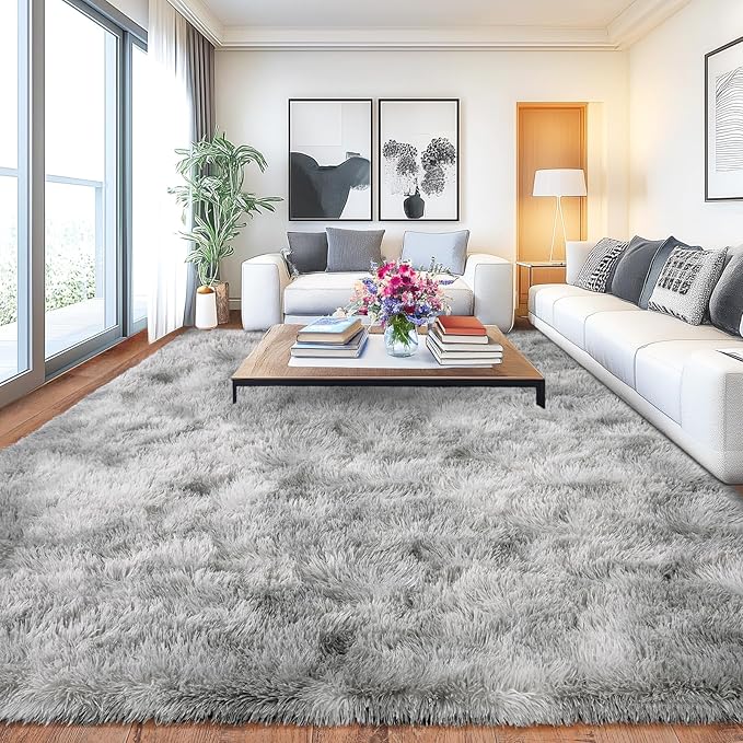 Ultra Soft Fluffy Rugs for Bedroom, Anti-Skid Indoor Carpet Nursery Rugs for Kids Room Home Decor, Rectangular Fuzzy Rug Tie-Dyed Light Grey 5x7 Feet