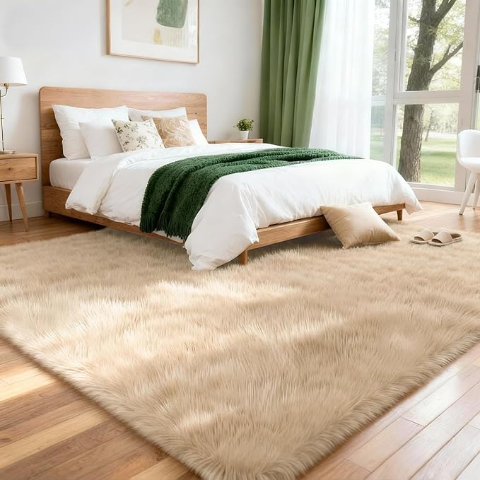 8x10 Solid Fluffy Camel Area Rug – Washable, Durable, Extra Large Living Room Rug, Non-Slip High Pile Shag Rugs for Bedroom, Playroom, Nursery Rooms, Kids Room, Soft Indoor Floor Carpet Decor