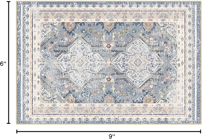Phantoscope Washable Area Rug 6'x9' Non-Slip, Vintage Neutral Rugs for Living Room, Bedroom, Dining Room, Distressed Boho Geometric Medallion Pattern, Low-Pile Foldable Floor Carpet, Dusty Blue/Multi