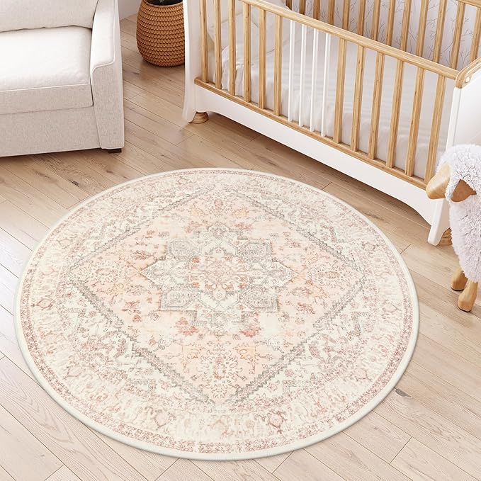 LIVEBOX Washable Peachy Pink Rug 5ft - Medallion Vintage Circle Rugs for Bedroom, Low-Pile Tribal Print Carpet for Nursery, Non-Slid Distress Floral Circular Rug for Living Room Kid's Room Entryway