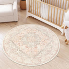 LIVEBOX Washable Peachy Pink Rug 5ft - Medallion Vintage Circle Rugs for Bedroom, Low-Pile Tribal Print Carpet for Nursery, Non-Slid Distress Floral Circular Rug for Living Room Kid's Room Entryway