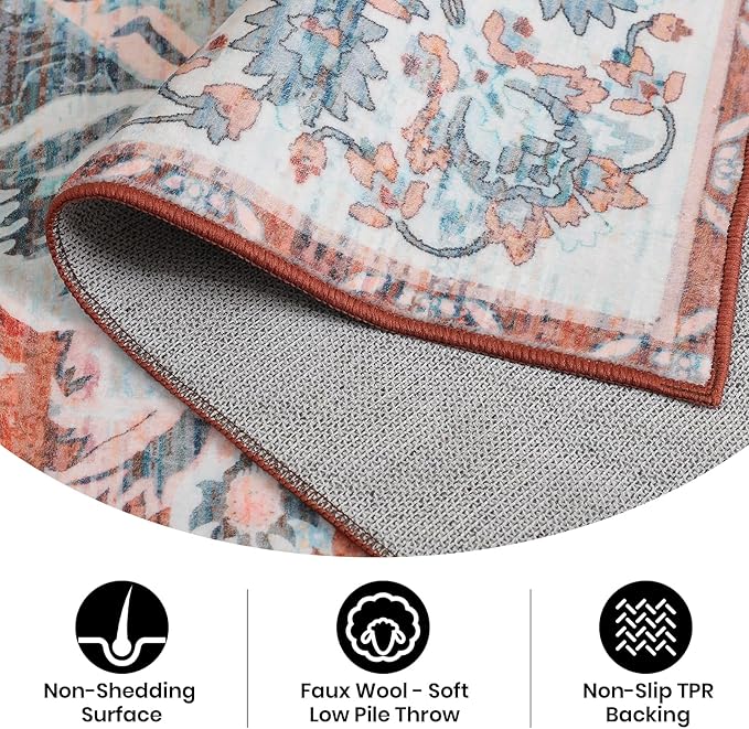 4x6 Washable Rug – Boho Non-Slip Indoor Area Rug for Living Room, Bedroom, Dining Room, Entryway – Light Blue and Terracotta Bohemian Style