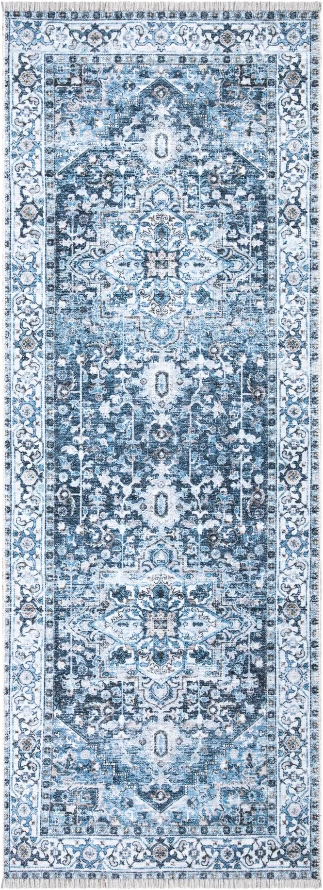 Bloom Rugs Caria Washable Non-Slip 7 ft Runner - Navy Blue Traditional Runner for Entryway, Hallway, Bathroom, and Kitchen - Exact Size: 2'6" x 7'