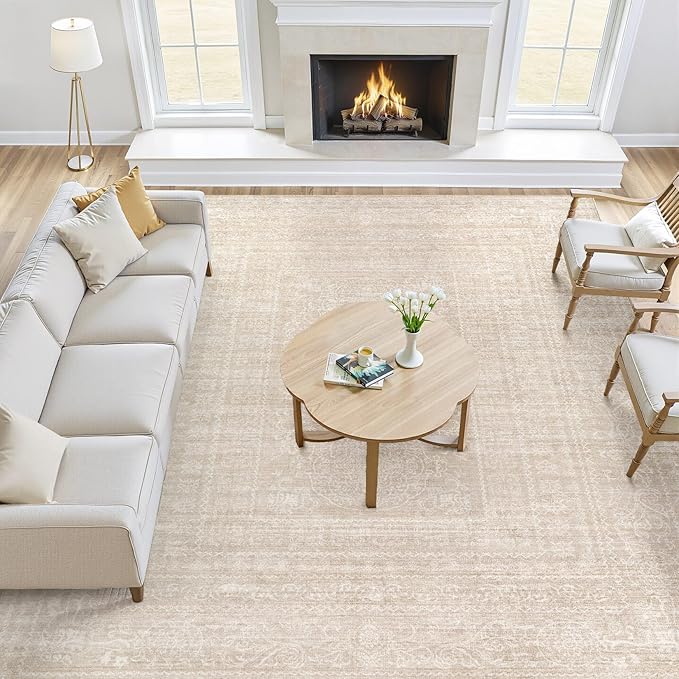 10x14 Area Rugs Living Room: Washable Large Vintage Beige Rug Neutral Non-Slip Soft Stain Resistant Indoor Carpet for Bedroom Nursery Dining Room Under Table Bed Home House Office Playroom