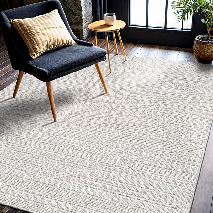 CAMILSON Micro Loop Rug 5x7 Modern Luxury Geometric Pattern Area Rugs Soft High and Low Pile Stain Resistant Easy-Cleaning Non-Shedding for Living Room Office Indoor Carpet (5 x 7 / White)