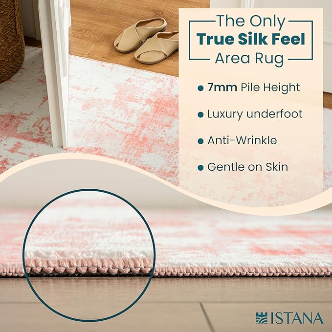 Istana Hallway Runner Rug 2.5x8 - Pink Kitchen Rugs Non Slip Washable -Silk's Soft Touch Carpet Runner - Stylish Rugs for Home