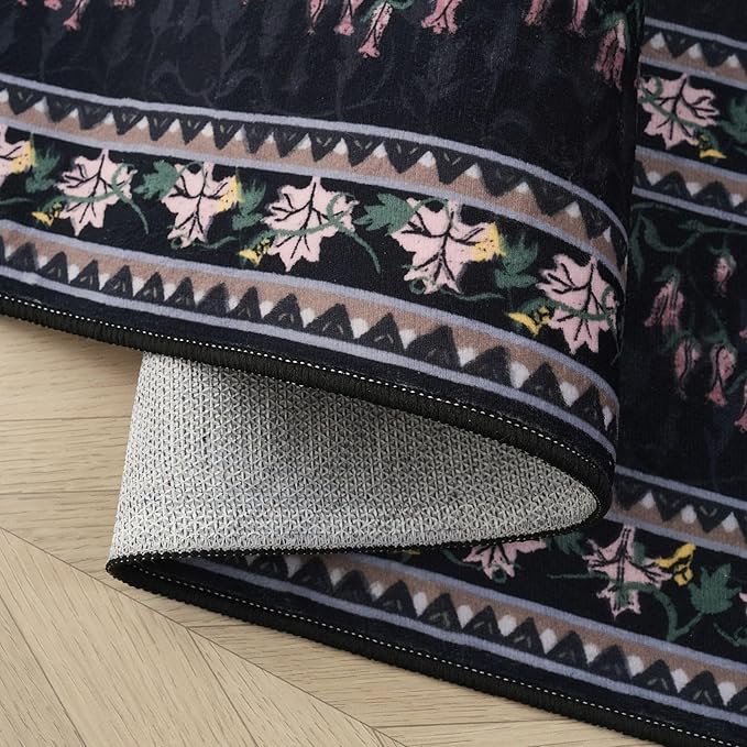 Rugcomf 3x5 Washable Rug Impressionist-Style Vintage Non Slip Low Pile Small Carpet for Bedroom Bedside Kitchen Entryway Kids Room Office College Dorm Essentials for Girls, Black