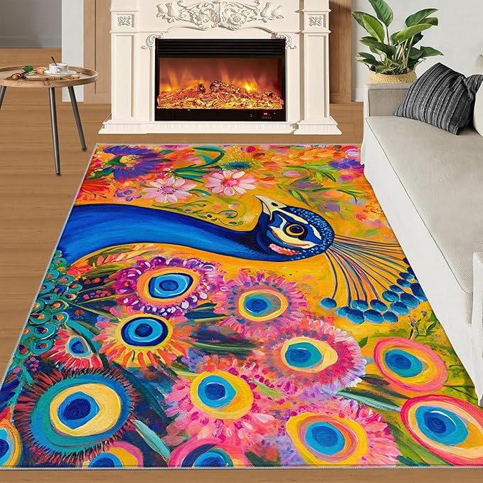 Peacock Rugs for Living Room - 4x6 Rug, Boho Floral Botanical Area Rugs for Bedroom, Wonderful Peacock Rug, Peafowl Washable Carpet, Floral Animal Carpet - Peafowl Home Decor & Gifts