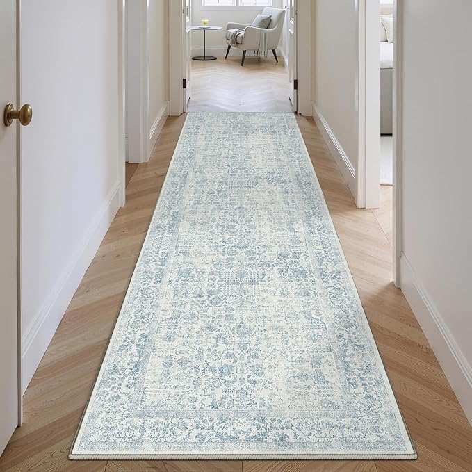 Blue Runner Rug 3x8 Hallway Machine Washable Kitchen Vintage Distressed Non Slip Long Carpet Indoor Retro Floral Bedroom Accent Throw Rug for Bathroom Office Laundry Dining Room