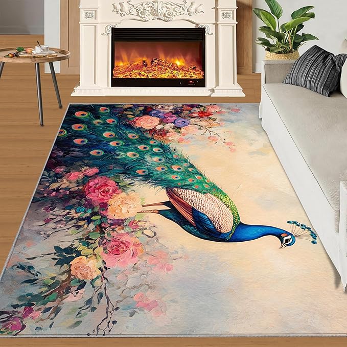 Peacock Peony Rug 3x4-3x4 Rug, Classic Peacock Peony Area Rugs for Bedroom, Teal Turquoise Rugs for Living Room, Peafowl Washable Mat, Malachite Green Feather Carpet - Peafowl Home Decor & Gifts