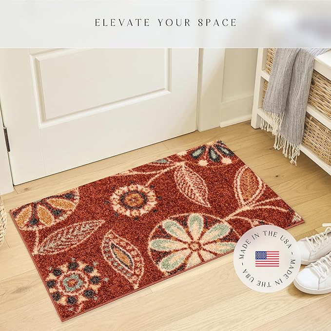 Maples Rugs Reggie Floral Runner Rug - Made in USA - Washable, Non Slip Indoor Carpet for Kitchen, Hallway, and Laundry Room, 1'8 x 4', Merlot