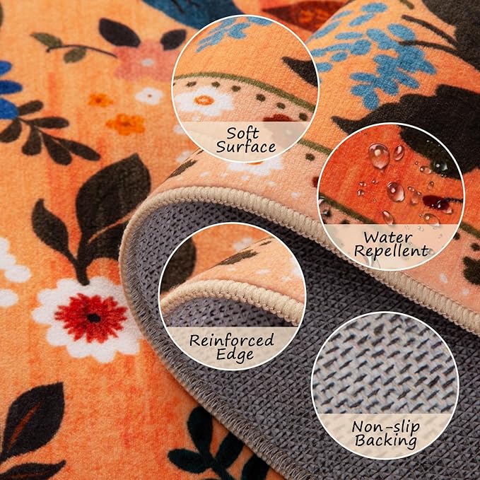 Floral 6ft Area Rug Machine Washable Soft Print Boho Carpet Non Slip Doormat Low Pile Flower Area Rugs for Living Room Bedroom Nursery Kitchen Dining Room Indoor-Yellow/Orange