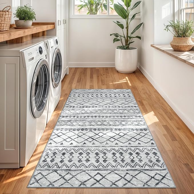 KUTA 3x5 Entryway Rug, Grey Non-Slip Washable Low-Pile Boho Moroccan Living Room Area Rug, Ultra Soft Distressed Geometric Print Throw Carpet for Entrance, Bedroom, Nursery, Dorm, Kitchen