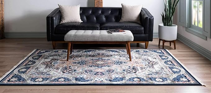 Unique Loom Narenj Collection Classic Traditional Medallion Textured Design Area Rug, 5 x 8 ft, Navy Blue/Tan
